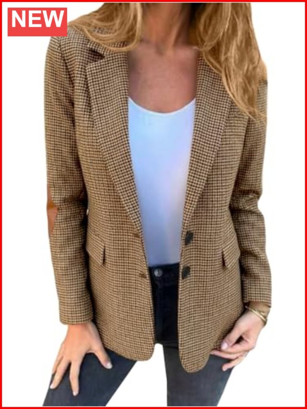 Wool Blend Tweed Blazer Houndstooth Plaid Work Business Casual